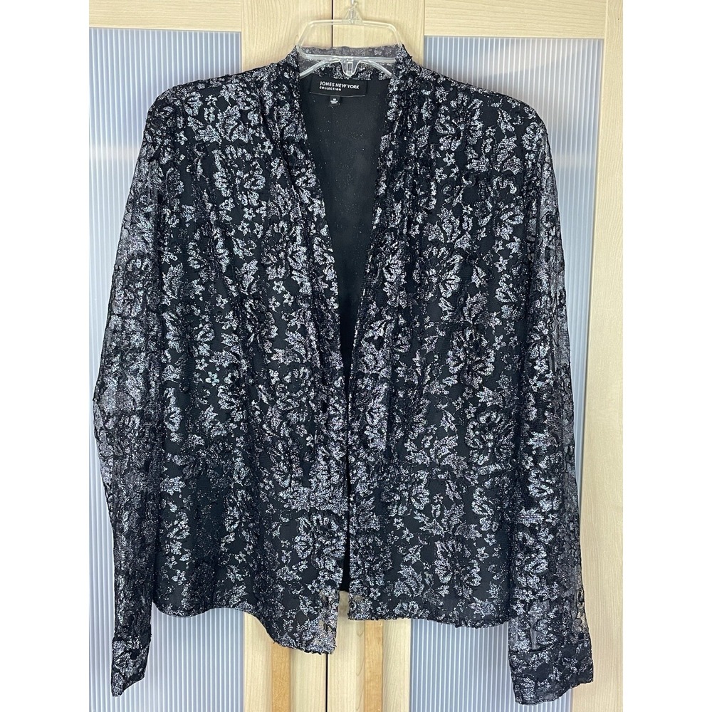 Jones New York‎ Lace Blouse Sz 12 Black/Silver Boho Party whimsigoth Sheer Top